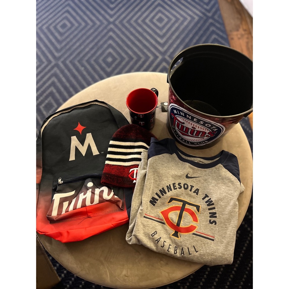 Minnesota Twins Fan Bundle Nike Shirt Backpack Beanie Mug Metal Bucket MLB Gear